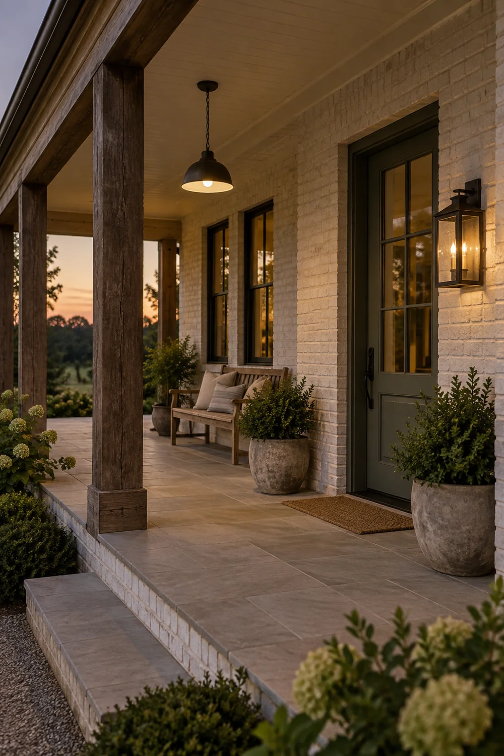 Covered farmhouse porch with pendant and wall lantern beside green door at dusk