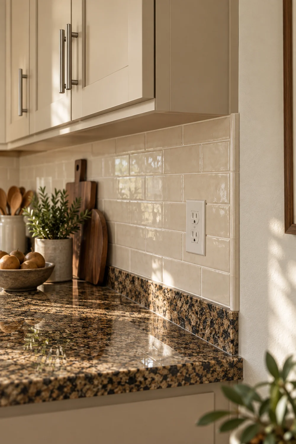 Cream backsplash tile with a pale edge trim and outlet above a granite upstand