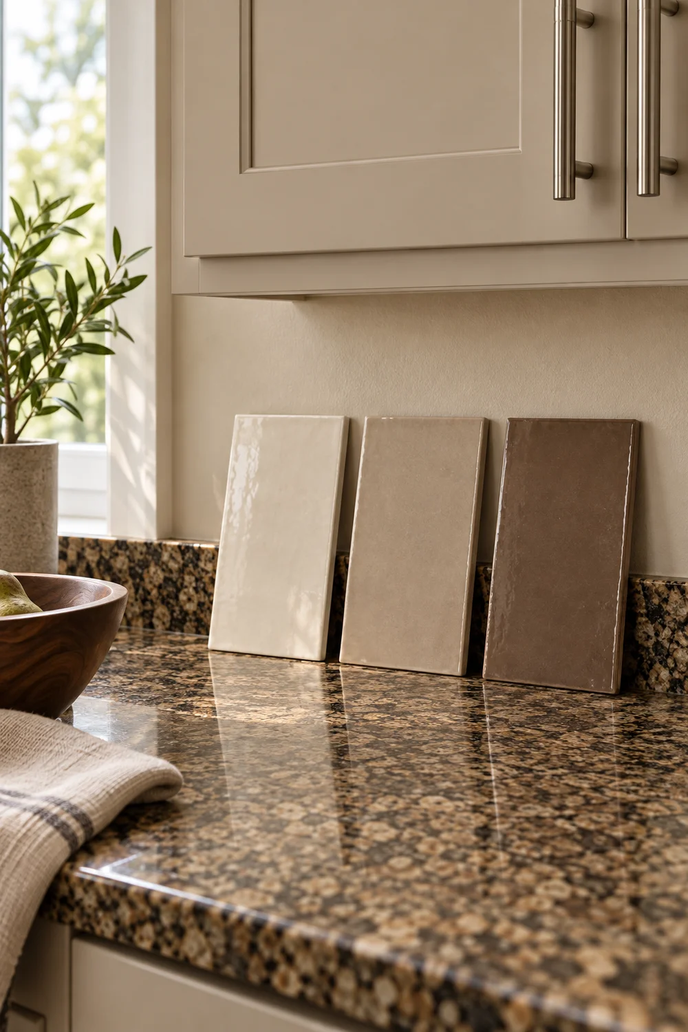 Cream mushroom and brown tile samples beside beige cabinets and speckled granite