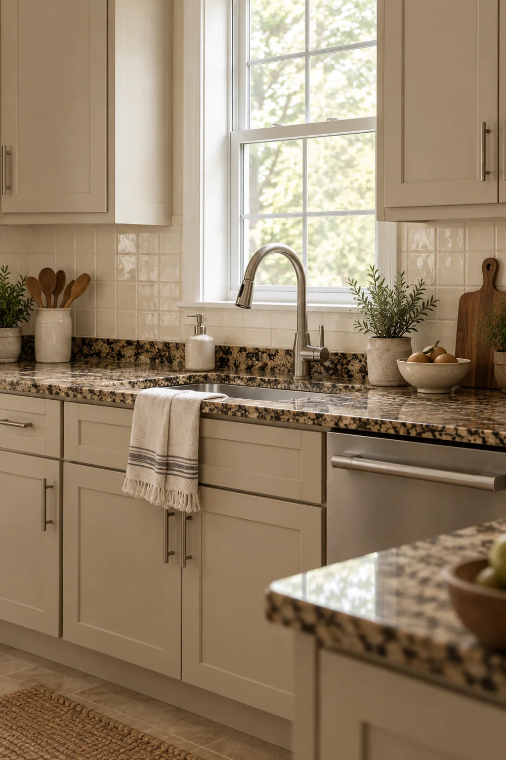 Cream square tile above a granite counter and nickel sink tap between beige cabinets