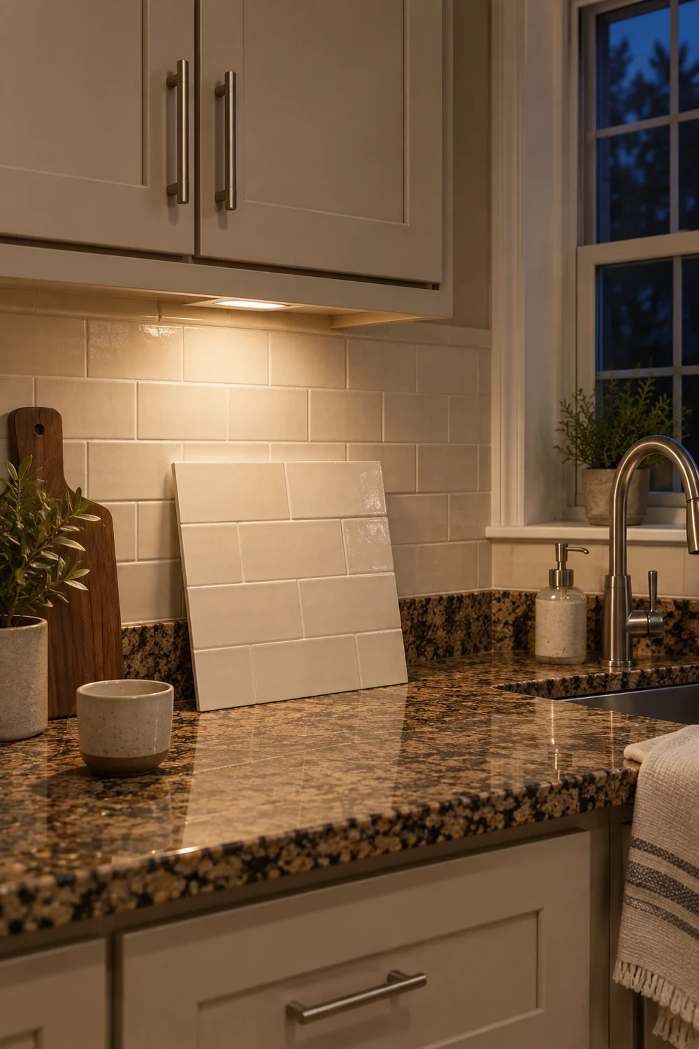 Cream tile sample panel beneath a warm cabinet light beside a granite counter at night