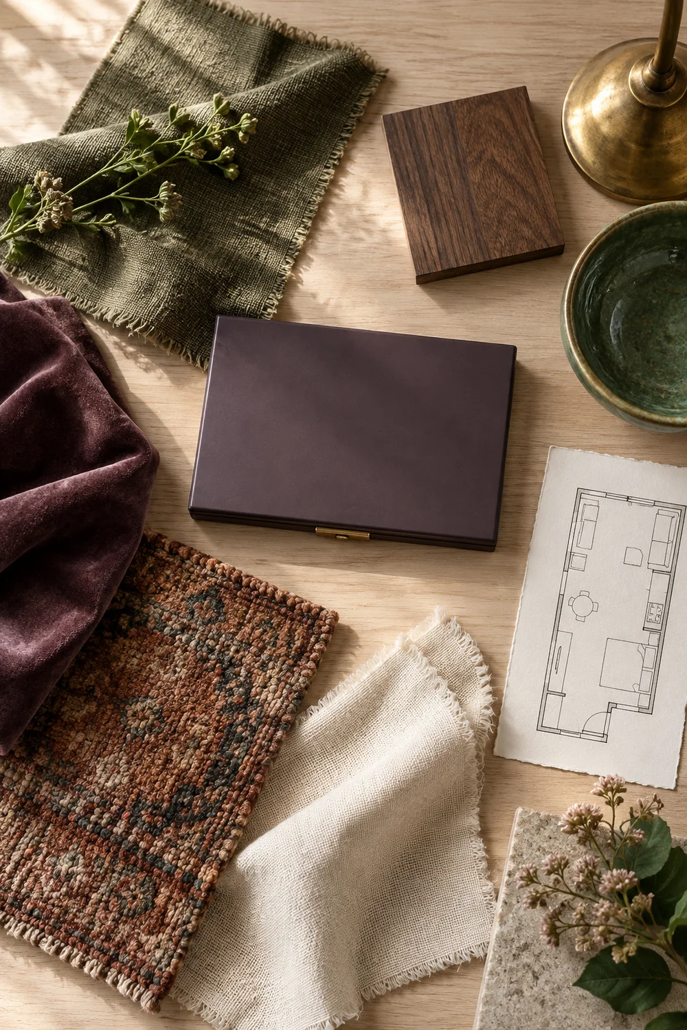 Dark cottagecore apartment palette of moss linen plum velvet walnut brass and faded rust wool