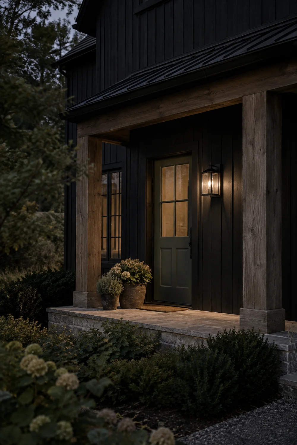Dark farmhouse entrance with green door and one glowing wall lantern at dusk
