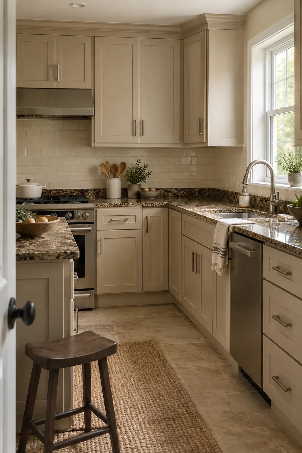Doorway view of beige kitchen cabinets with speckled granite and a cream tile backsplash