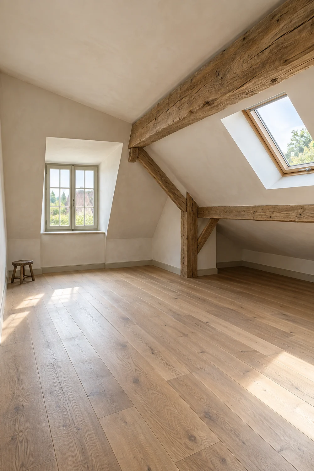 Empty French country attic room showing changing headroom, exposed beams, a dormer and low eaves
