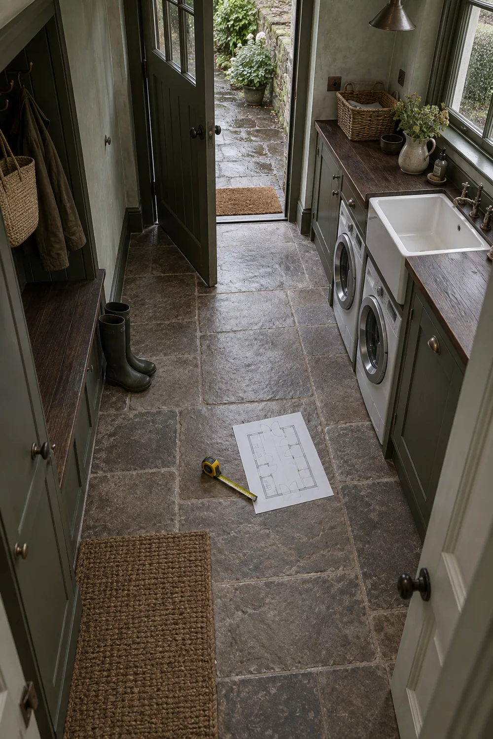 English country mudroom floor plan review with tape measure and clear door circulation