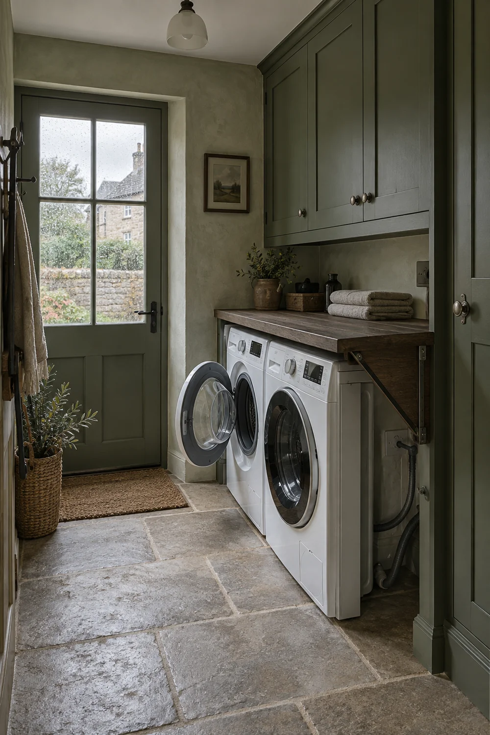 English country mudroom laundry wall with side by side machines and a dark oak counter
