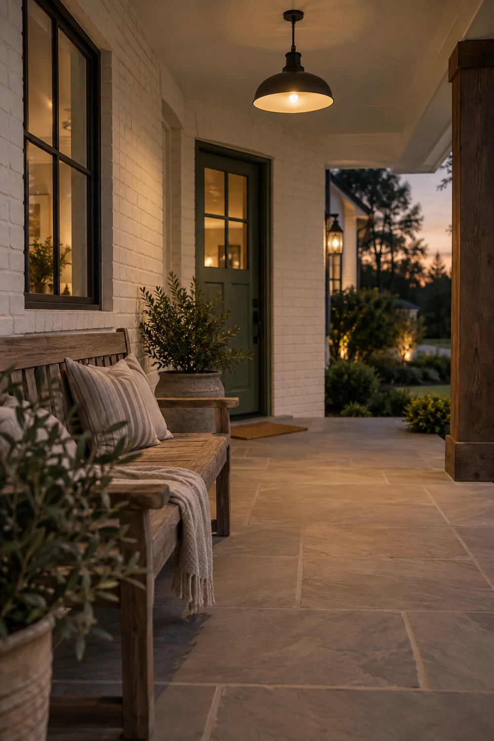 Farmhouse porch bench under warm pendant light beside green door at dusk