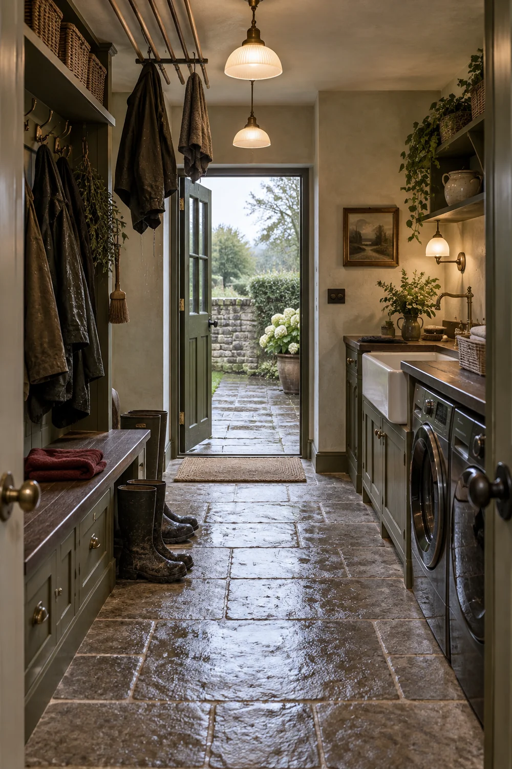 Finished English country mudroom laundry room with olive joinery and practical drying
