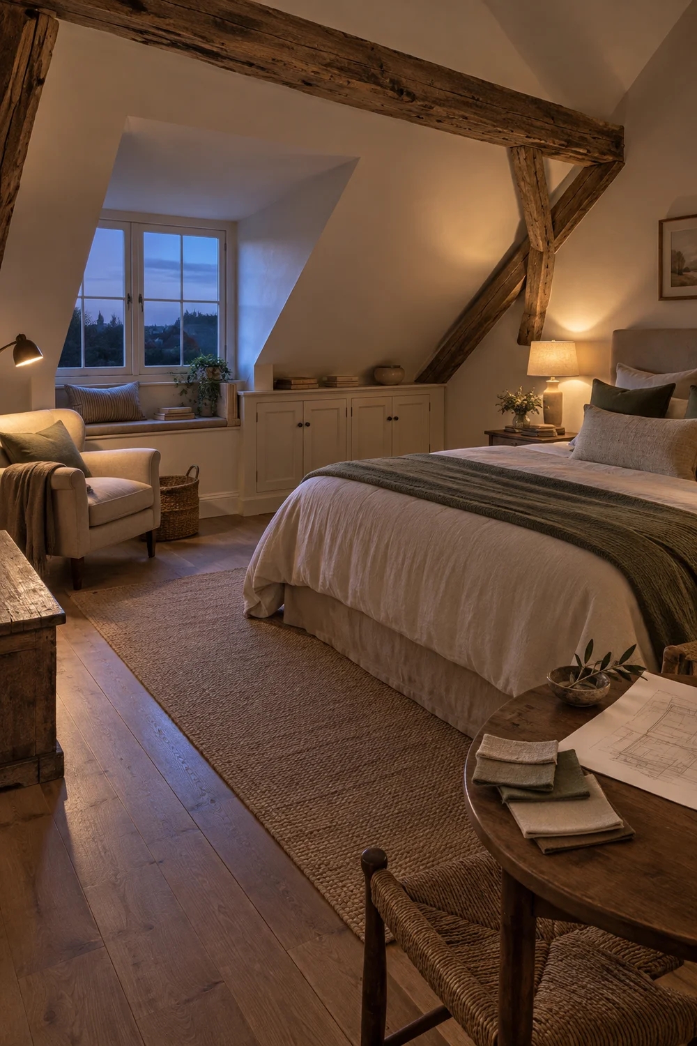 Finished French country attic bedroom at blue hour with low storage, a dormer and warm light
