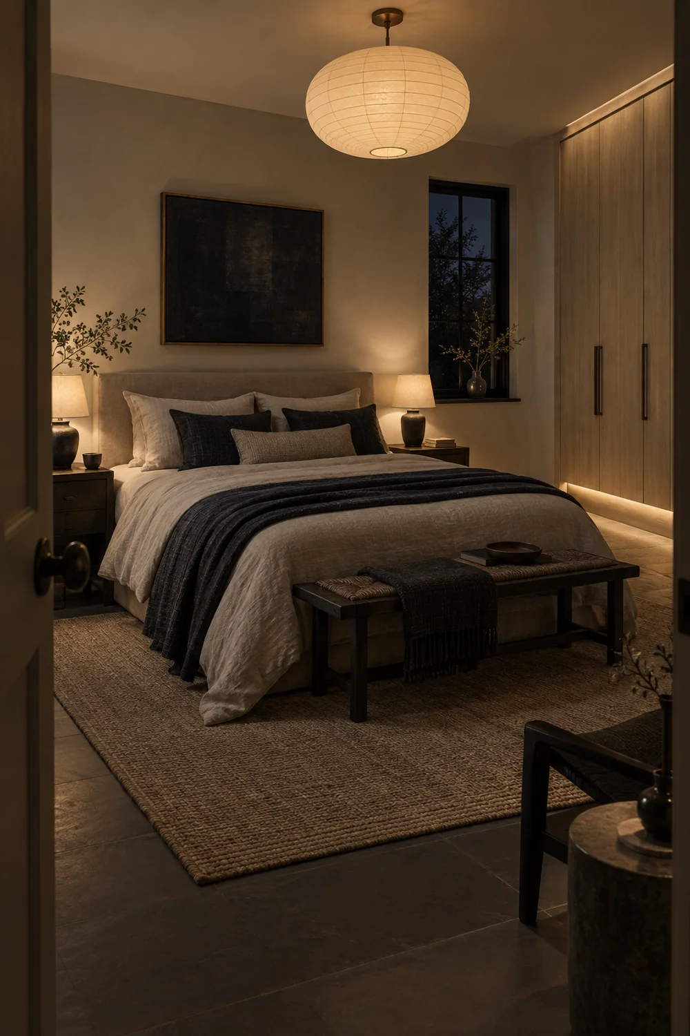 Finished Japandi bedroom seen from the doorway with layered warm light and a clear route to the bed
