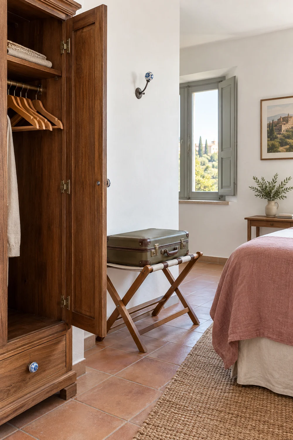 Folding luggage rack beside open walnut storage in a compact Italian guest bedroom