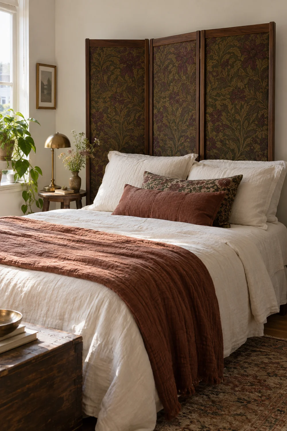 Freestanding walnut screen with a moss and plum textile panel behind a bright rental bed