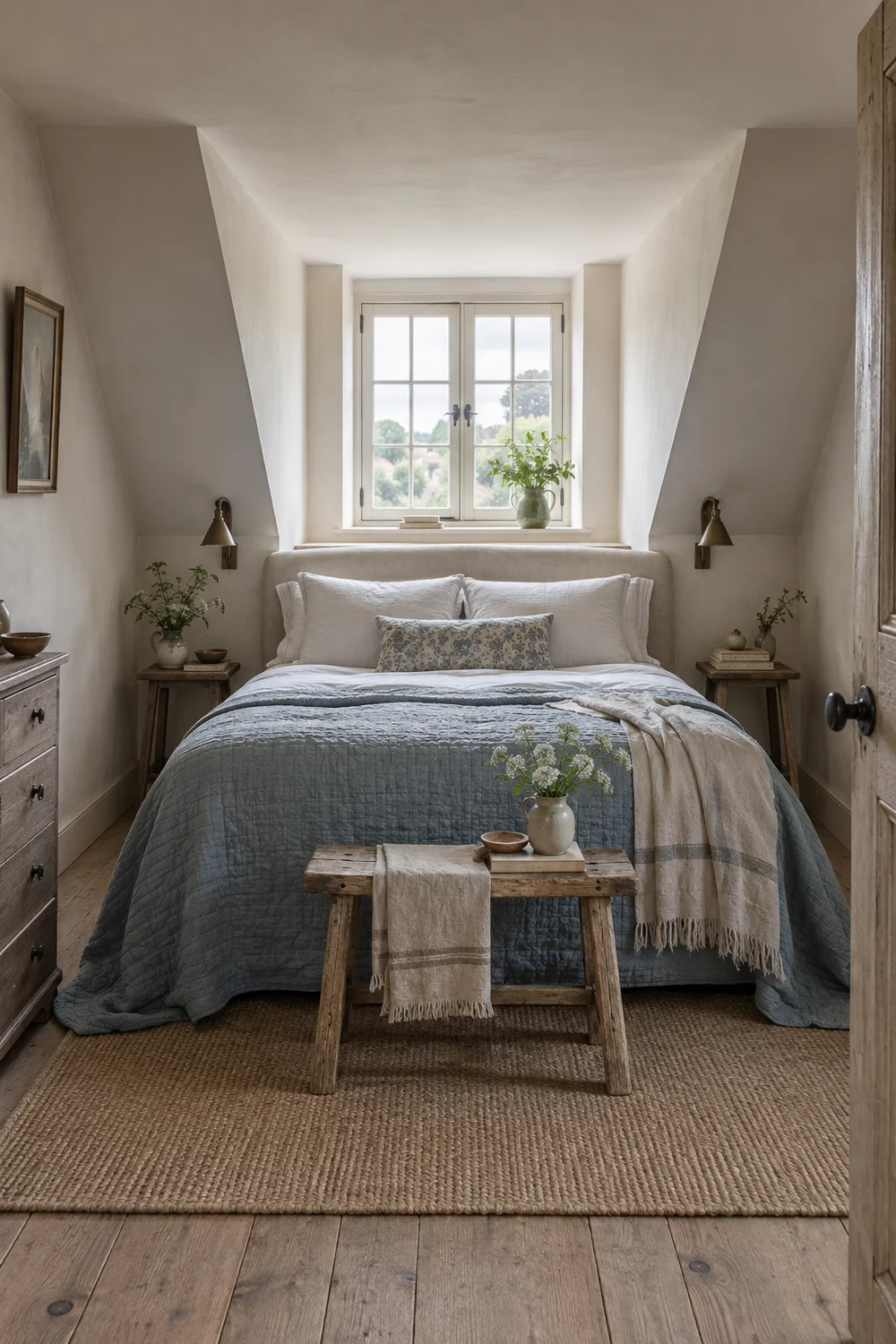 French country attic bed centred beneath a dormer window with a low headboard and narrow side routes