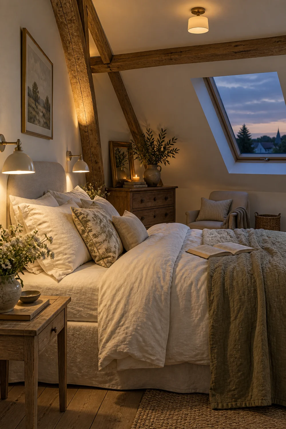 French country attic bedroom at dusk with layered wall lights, warm beam lighting and a skylight
