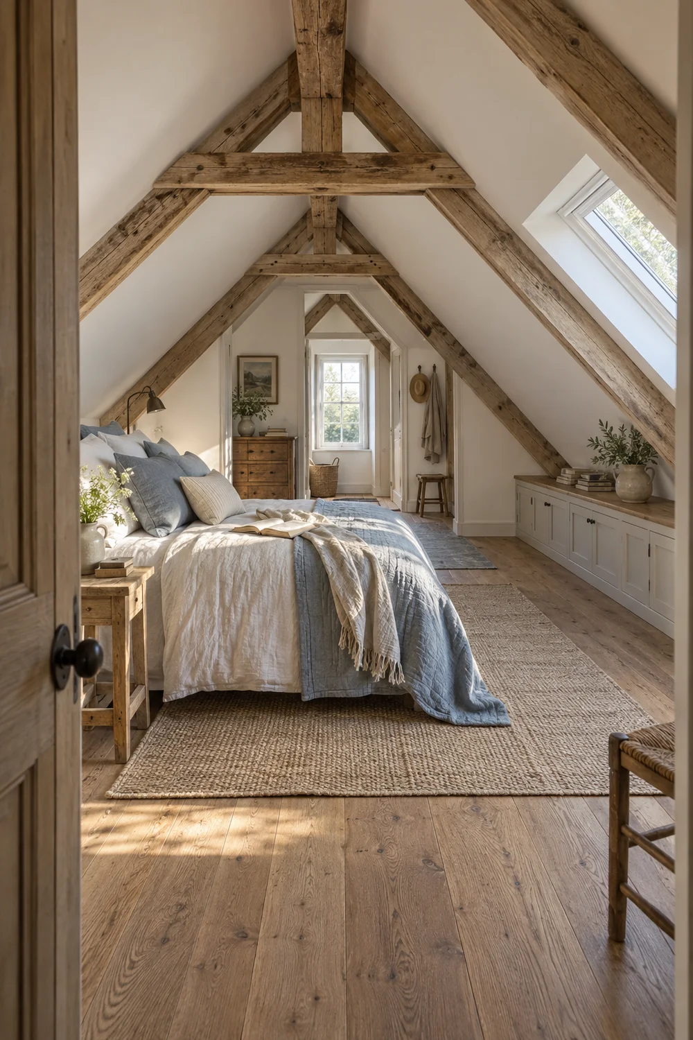 French country attic bedroom with a skylight, exposed rafters and an open walking route beside the bed