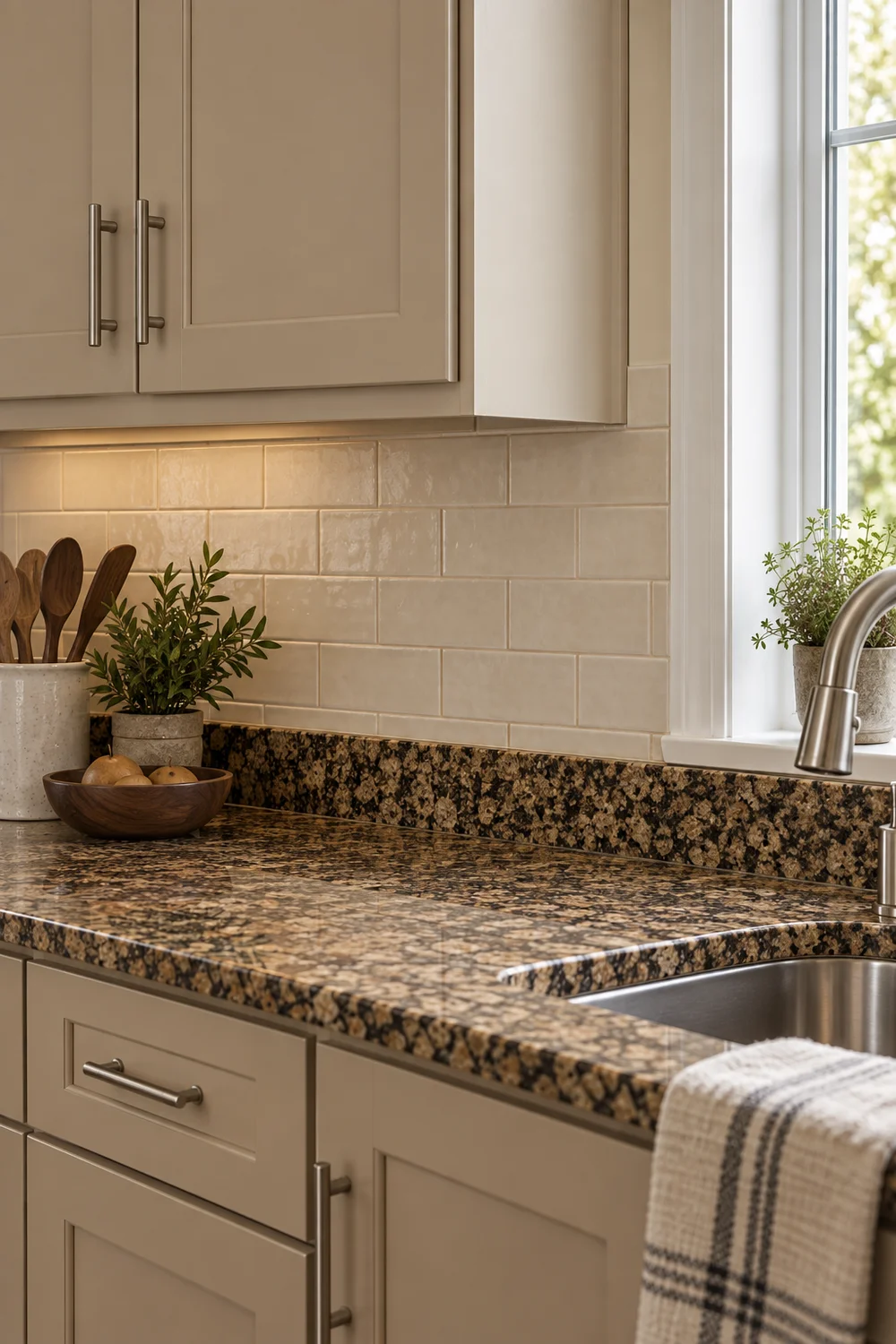 Granite upstand beneath cream tile ending beside a kitchen window and beige cabinet