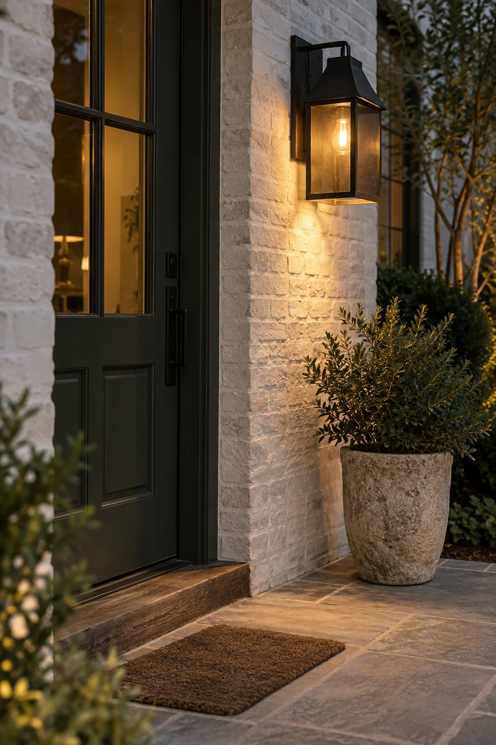 Green farmhouse front door beside black wall lantern and limestone landing at dusk