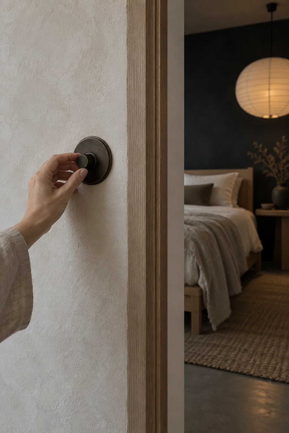 Hand adjusting a bronze dimmer beside a softly lit Japandi bedroom doorway