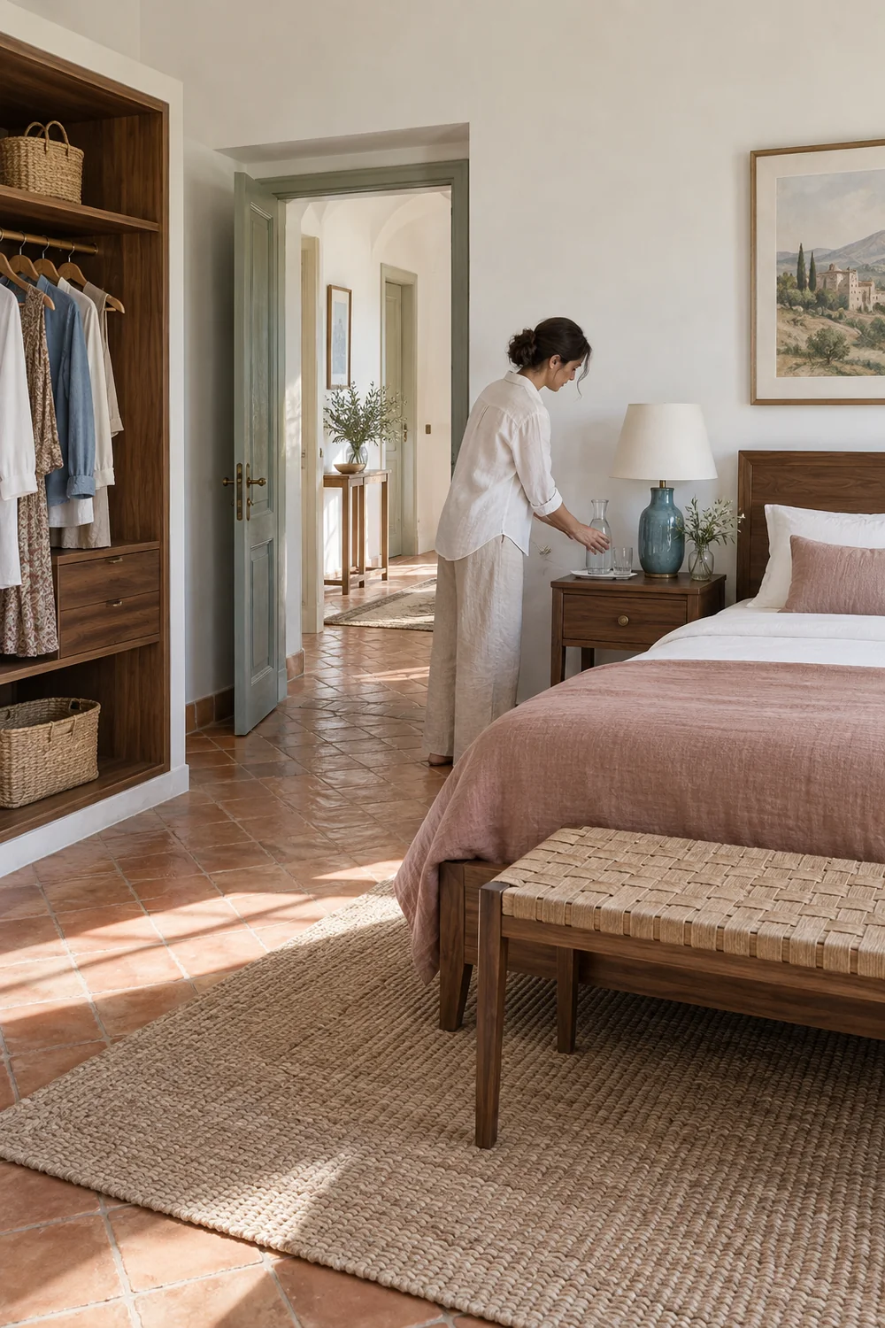 Host placing water in an Italian guest bedroom with a clear route from the door