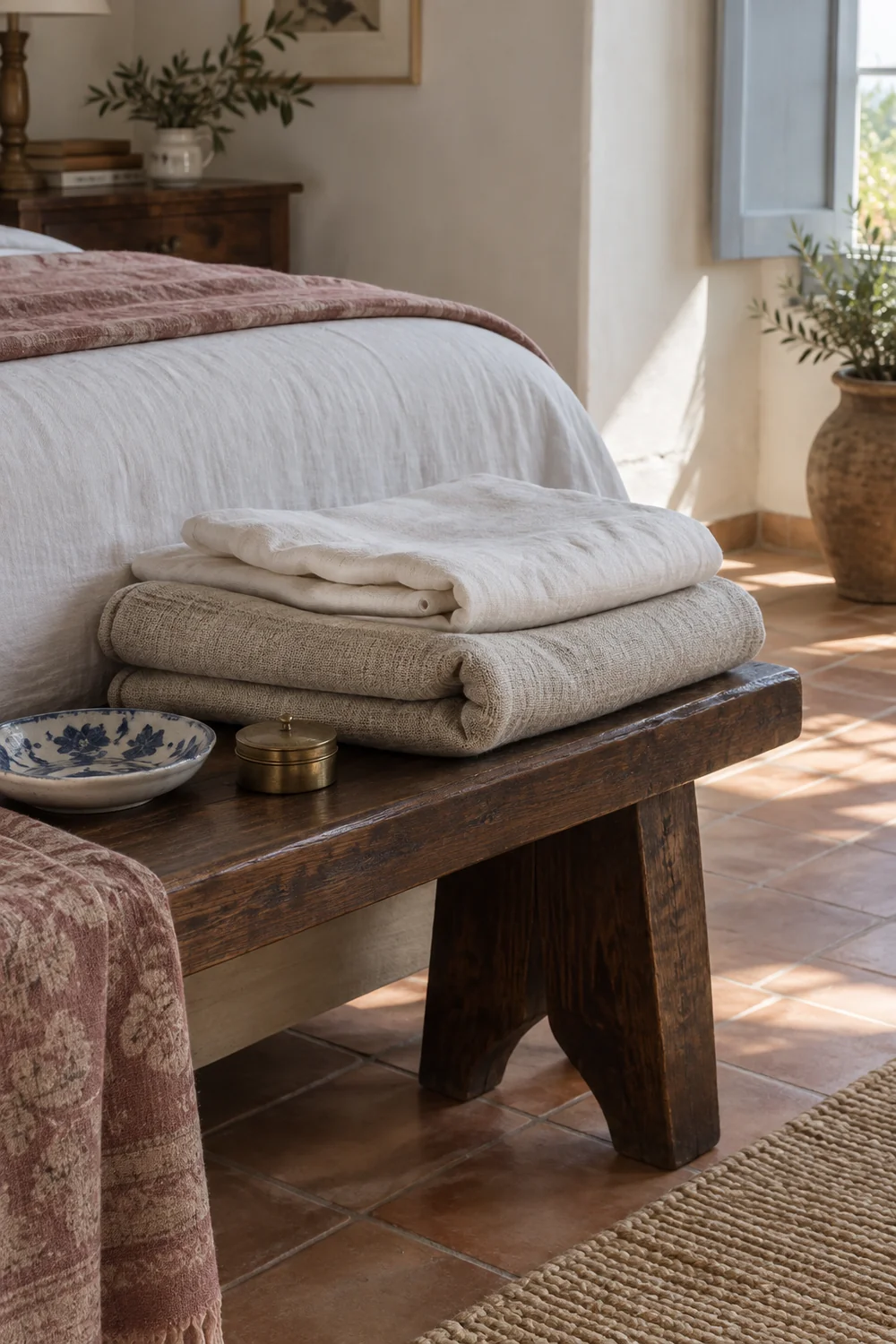 Italian bedroom materials in walnut linen terracotta plaster brass and blue ceramic
