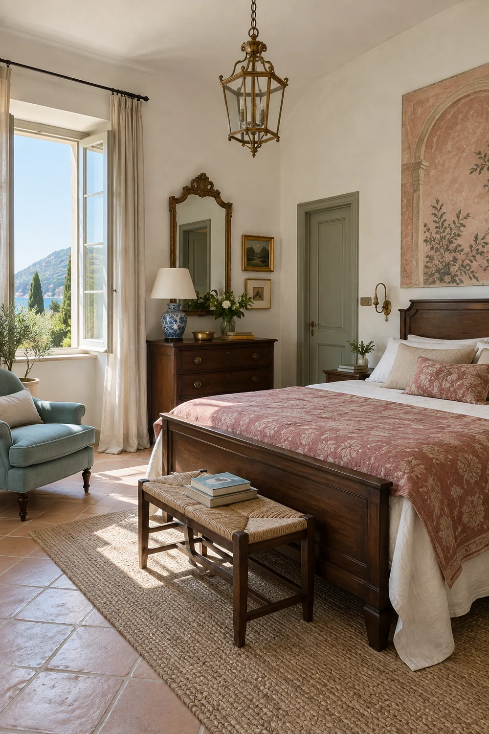 Italian guest bedroom in chalk white faded rose sea glass blue walnut and terracotta