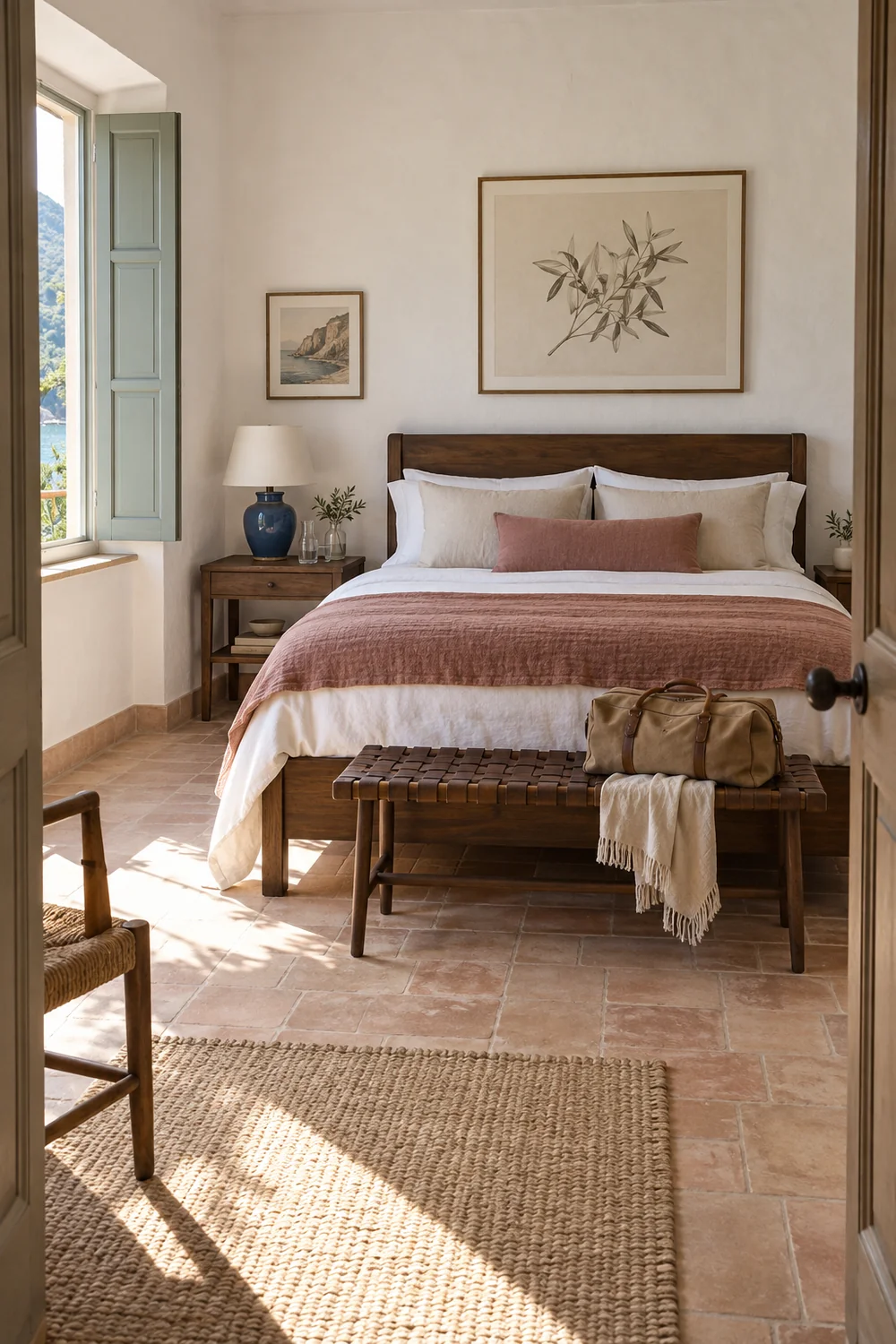 Italian guest bedroom ready for summer visitors with a clear route around the linen bed