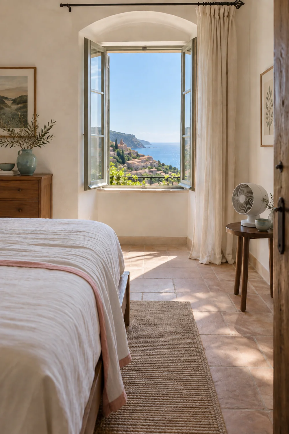 Italian guest bedroom with an open window clear airflow route and stable floor fan
