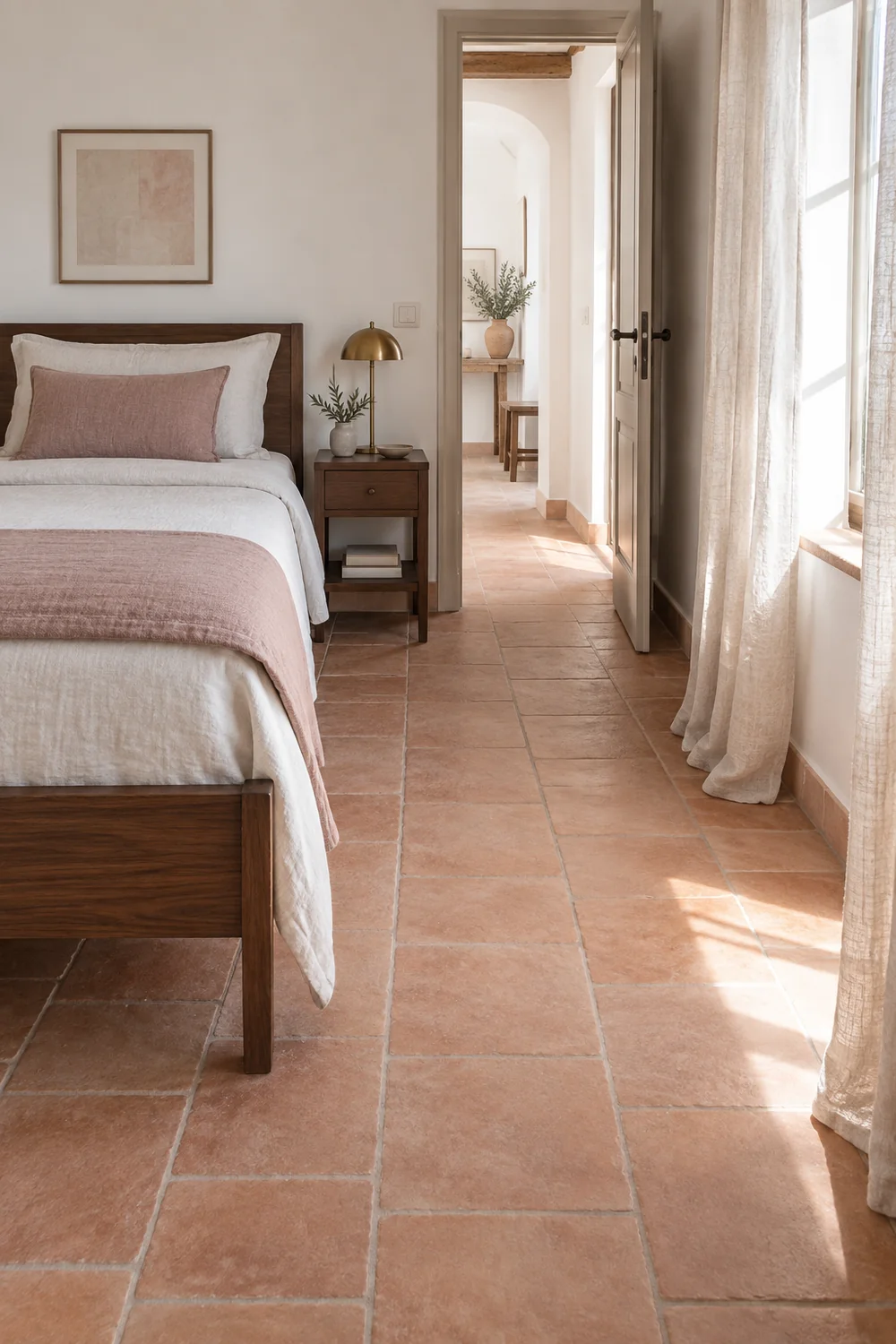 Italian guest bedroom with clear walking space around the bed and window curtains