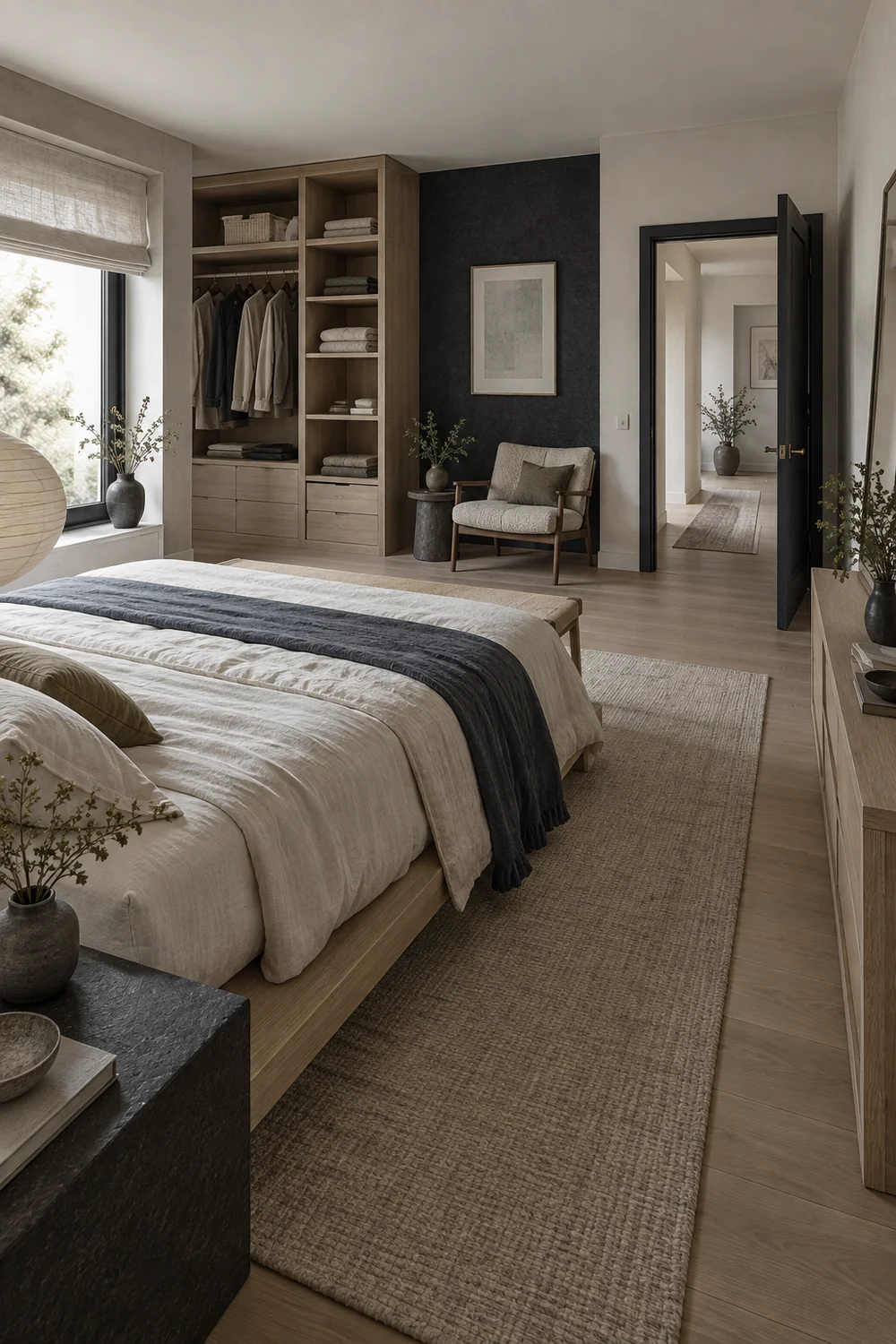 Japandi bedroom task zones with reading chair wardrobe and a clear route to the door