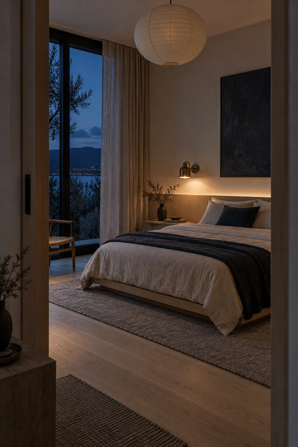 Japandi bedroom viewed from the threshold during an after dark lighting review