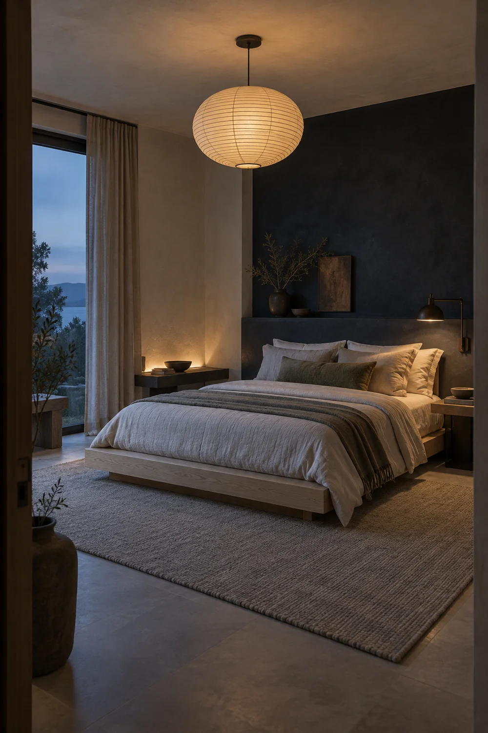 Japandi bedroom with paper ceiling shade bedside light and soft low glow at blue hour