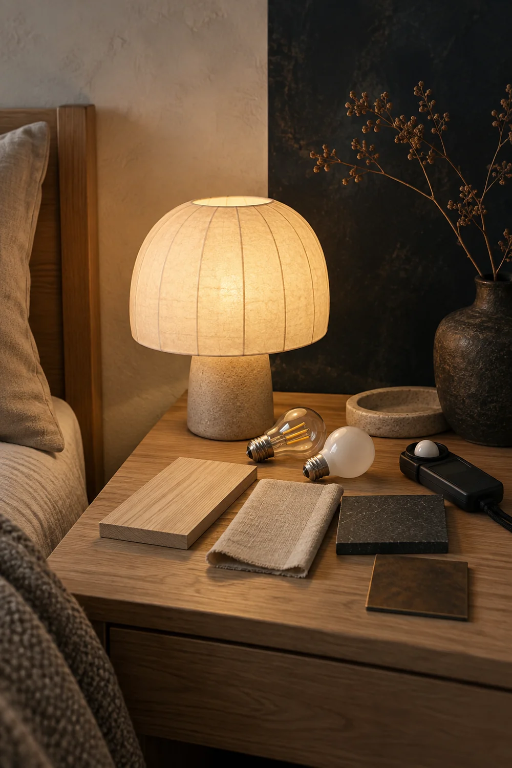 Japandi lighting test with parchment lamp bulbs timber linen stone and bronze samples