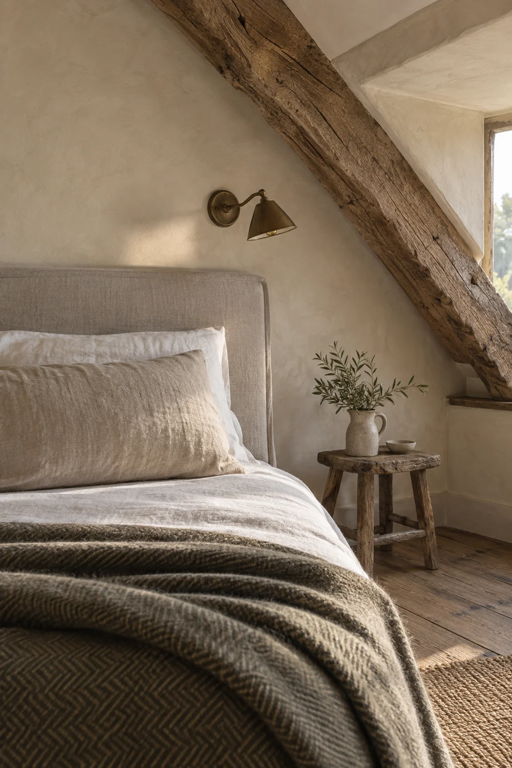 Lime plaster, aged oak, washed linen, wool and brass details in a French country attic bedroom
