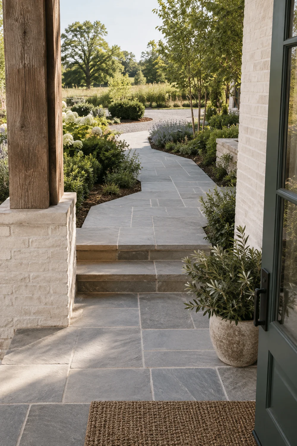 Limestone steps and curved path seen from green farmhouse door in daylight