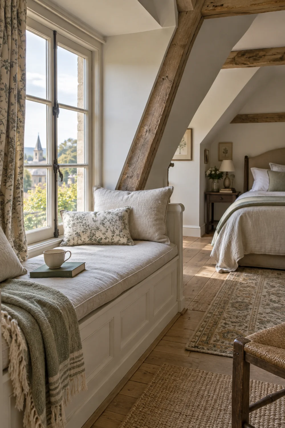 Linen window seat in a dormer beside a French country attic bedroom with a book and cup