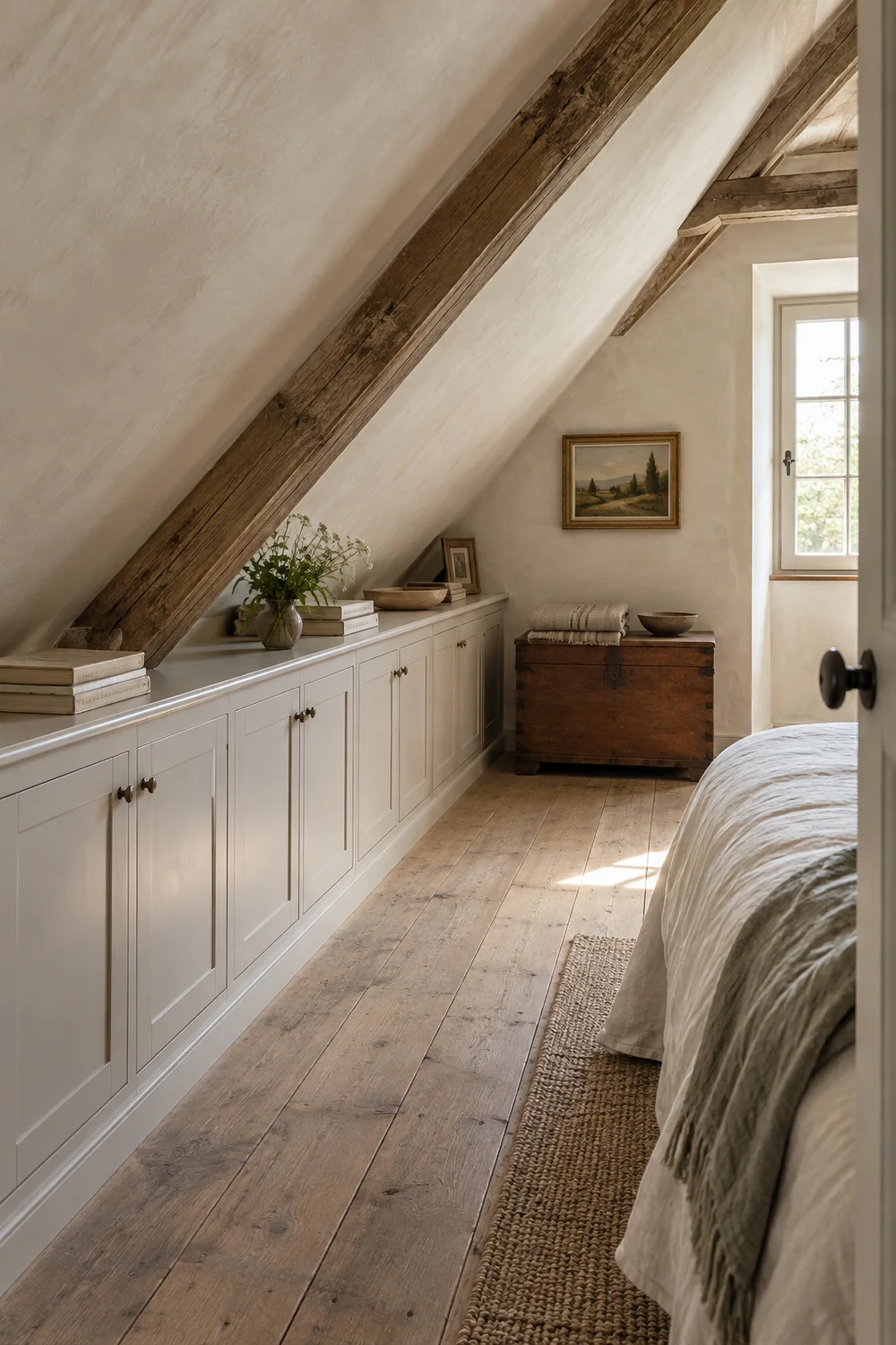 Low eaves storage beside an open full height route in a French country attic bedroom