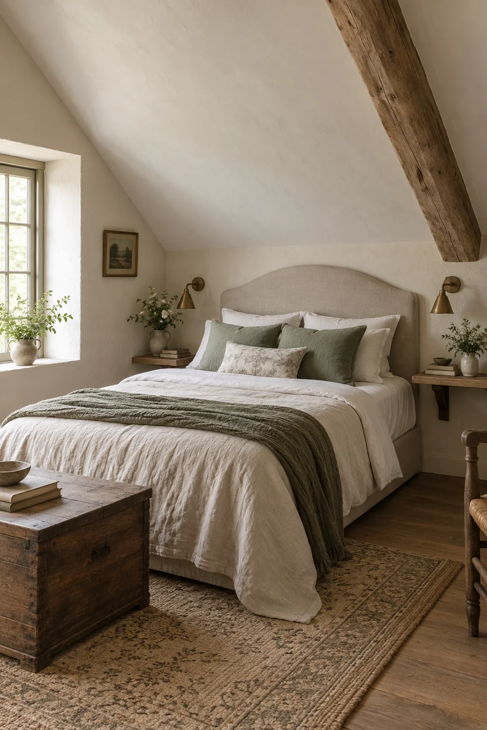 Low upholstered bed placed beneath a rising plaster ceiling and exposed beam in an attic bedroom