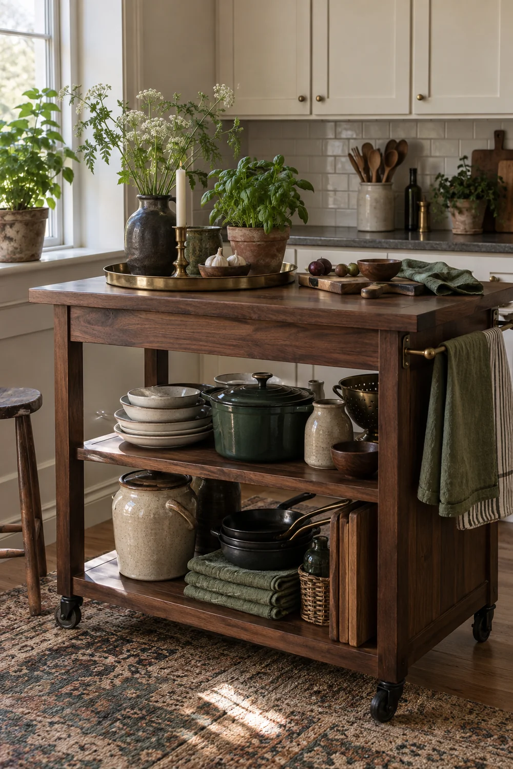 Movable walnut kitchen trolley with a brass tray herbs stoneware cookware and folded moss linen