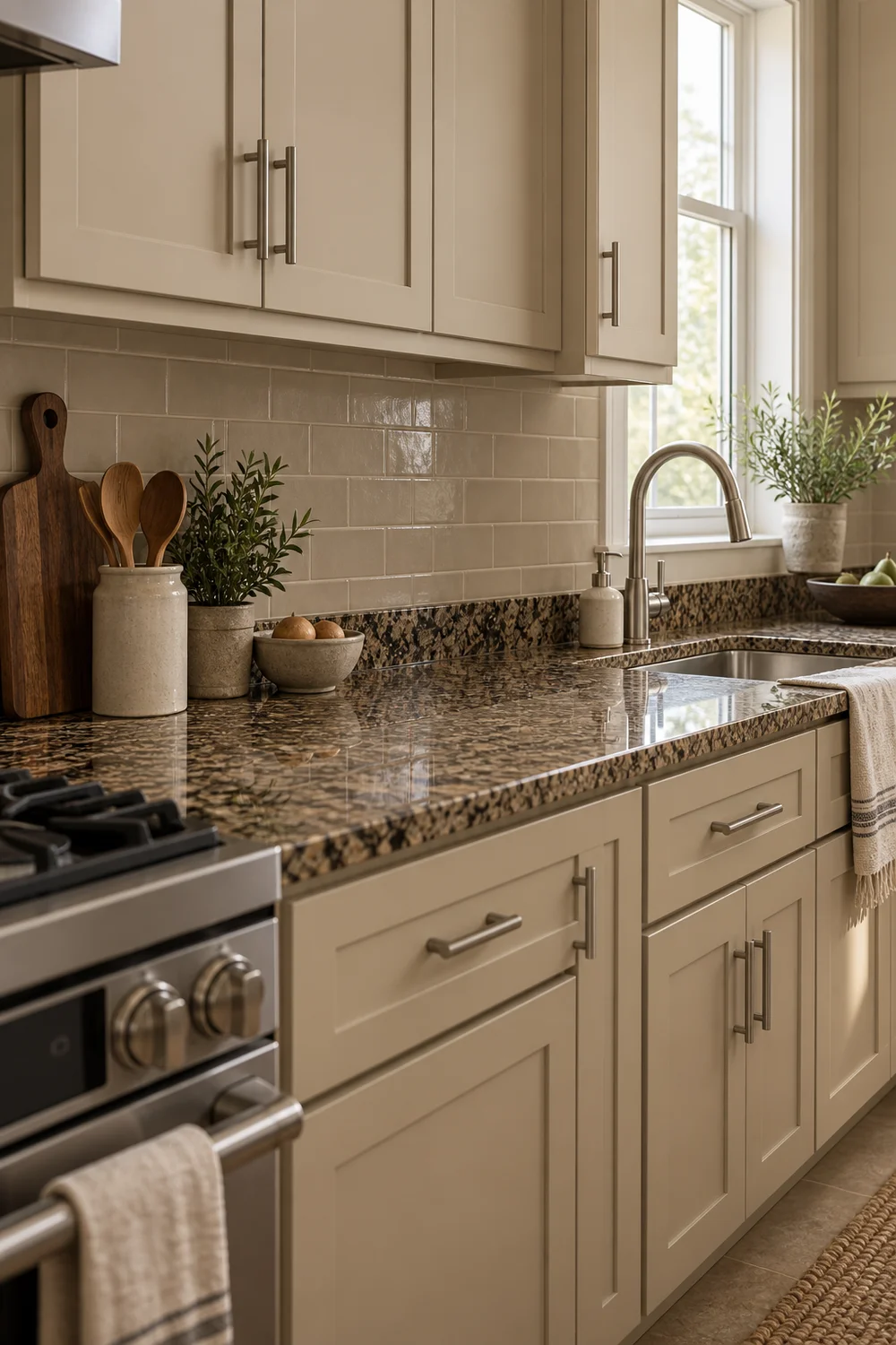 Mushroom tile backsplash above patterned brown granite with beige kitchen cabinets