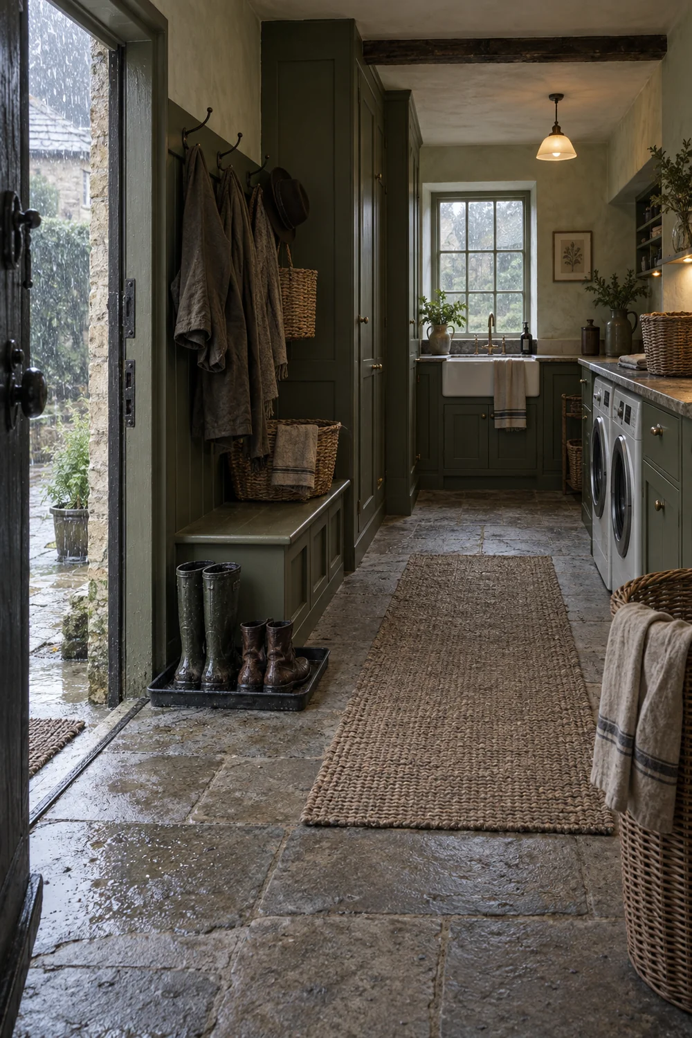 Narrow English country mudroom with olive cabinets laundry and a clear wet to dry route