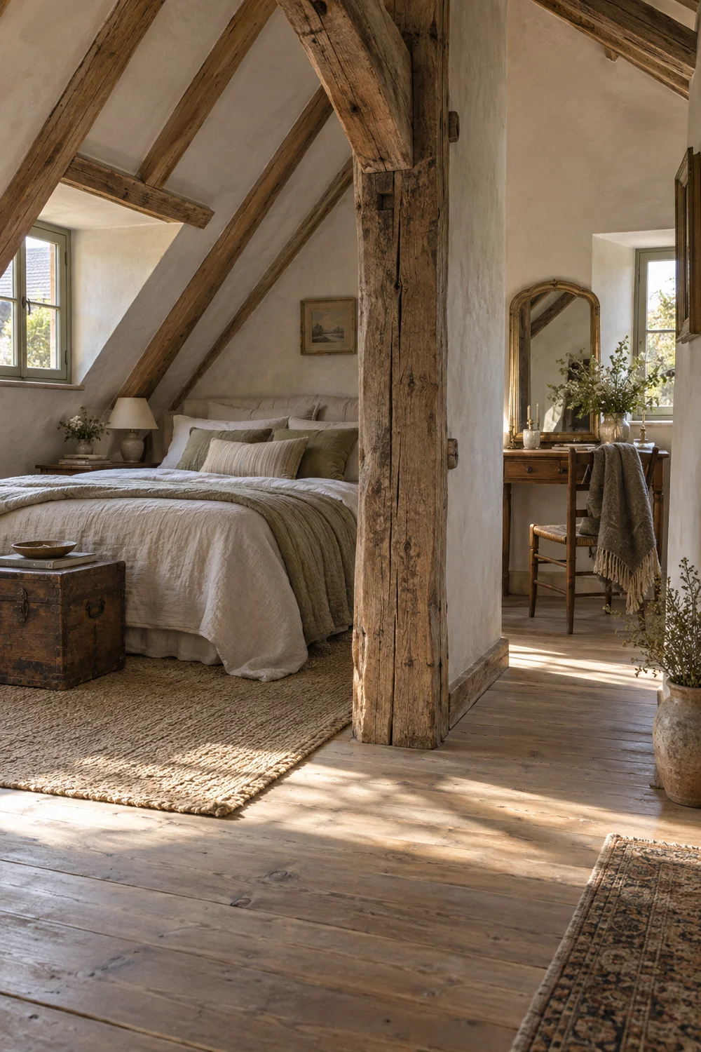 Oak beam separating sleeping and dressing zones in a French country attic bedroom