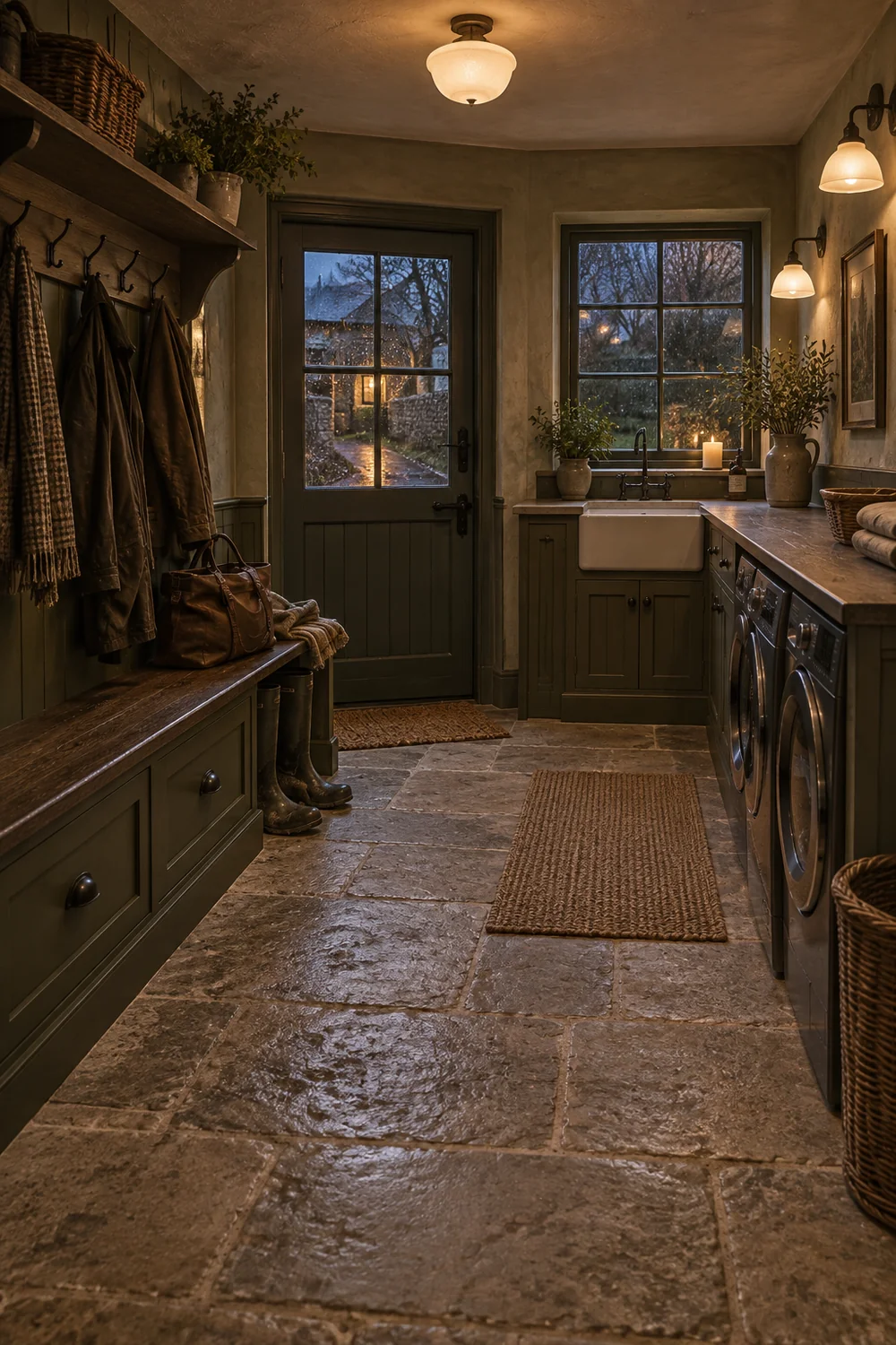 Olive English country mudroom with warm opal lights and a clear limestone route at dusk