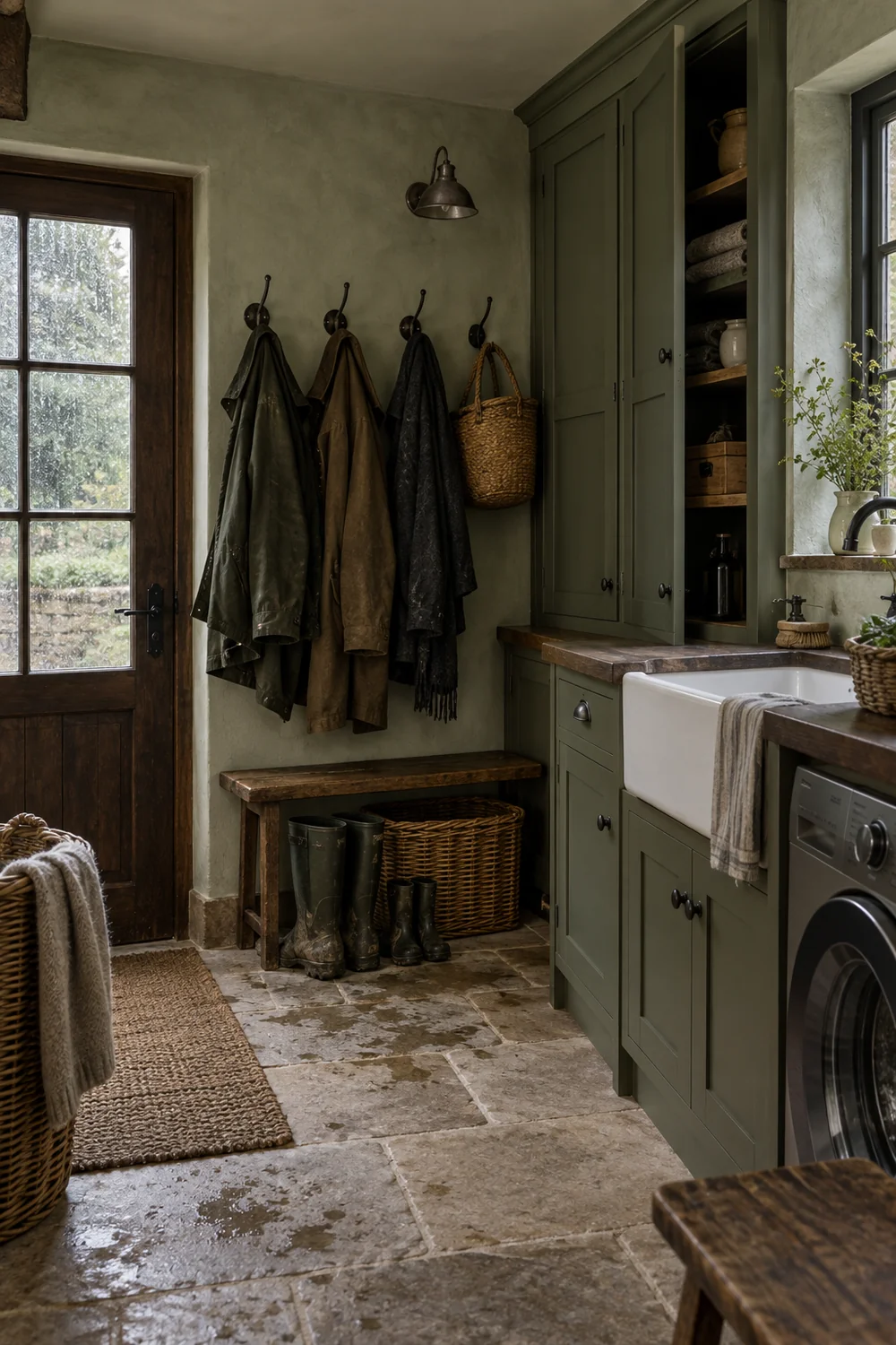 Open coat hooks beside closed olive cupboards in an English country mudroom