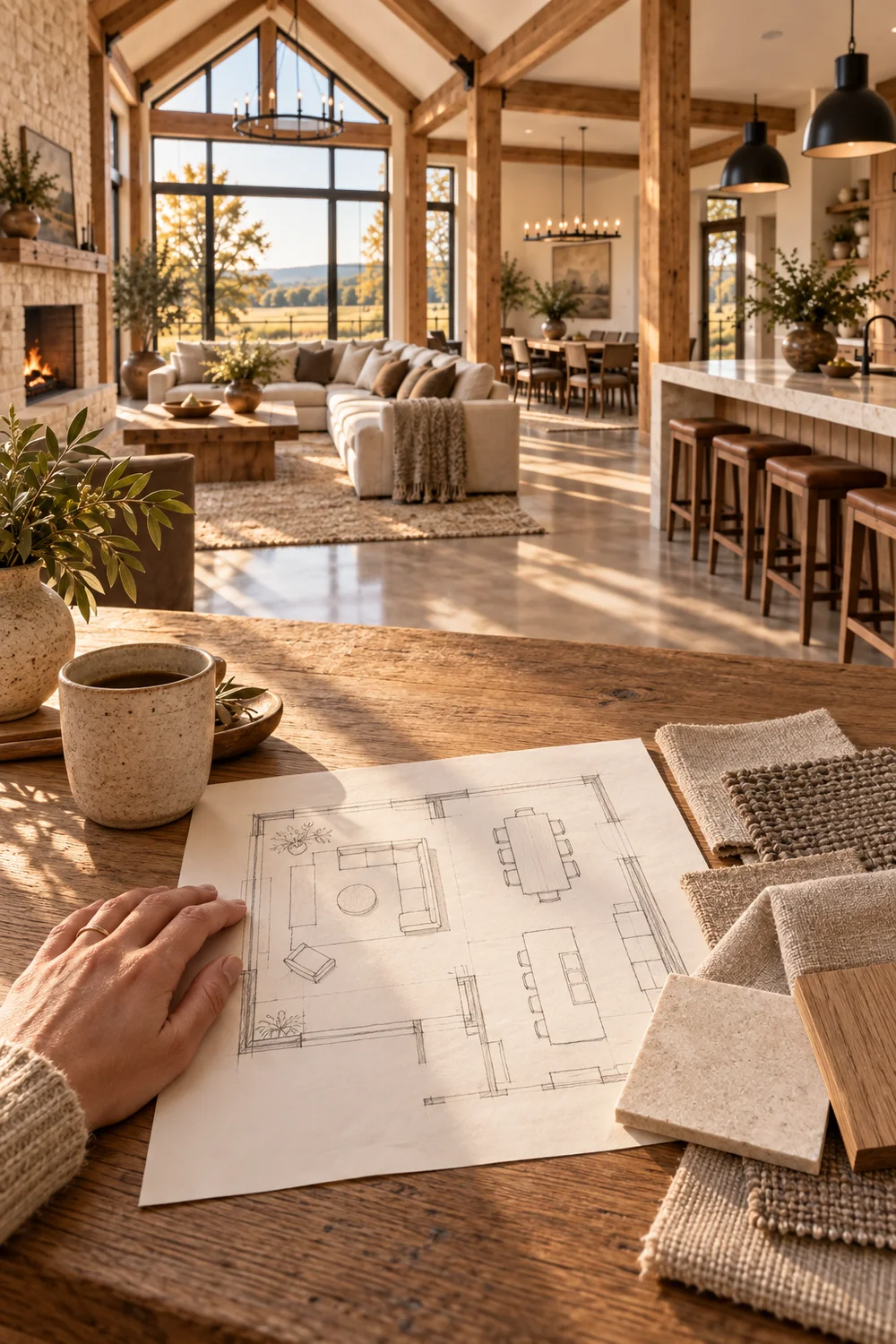 Room sketch and fabric samples on an oak table with connected barndominium living, dining and kitchen zones beyond.