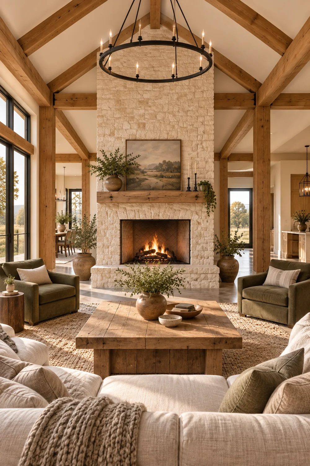Barndominium living room seating arranged around a pale limestone fireplace with open routes on both sides.