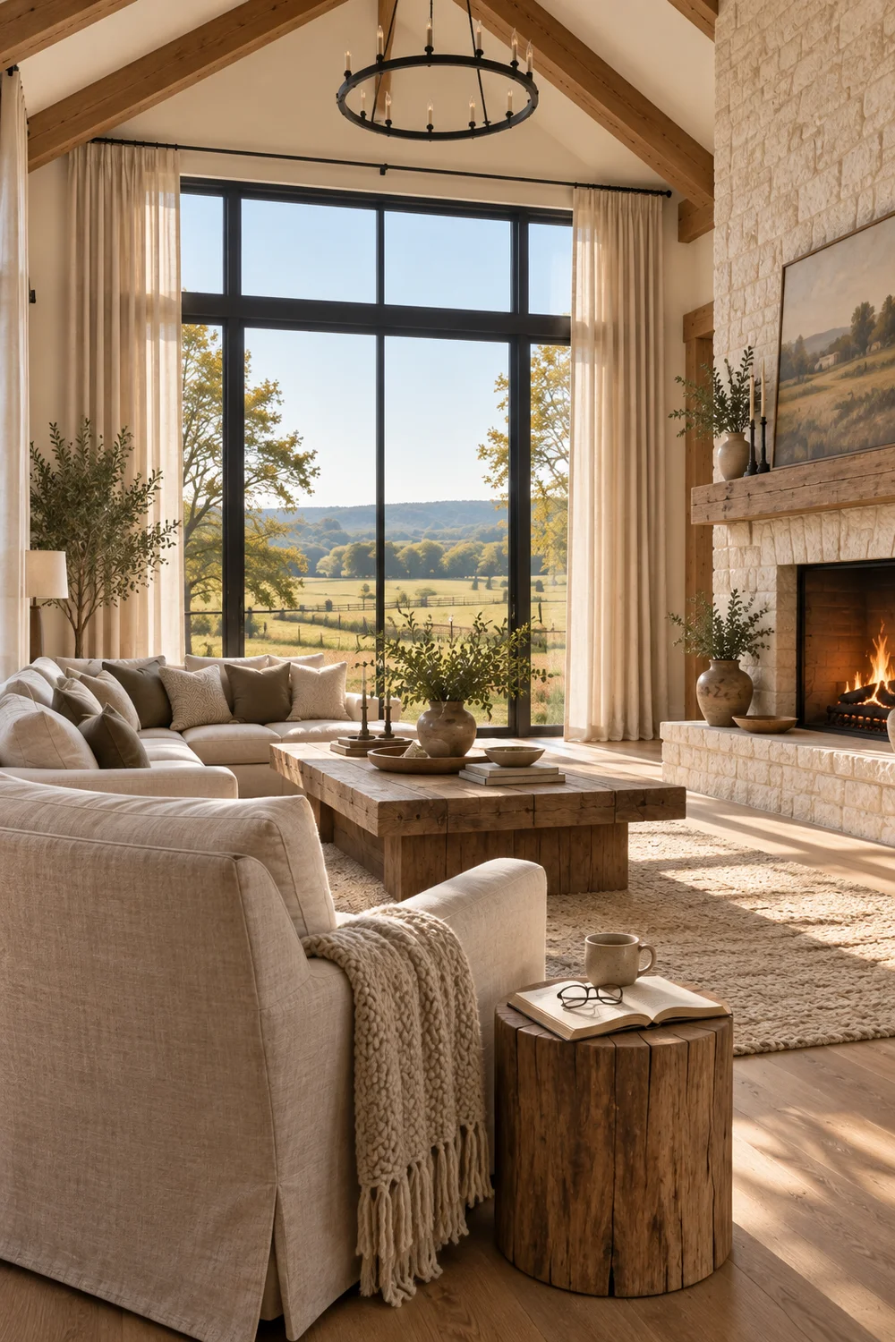 Linen seating facing tall countryside windows while a limestone fireplace remains visible to the side.