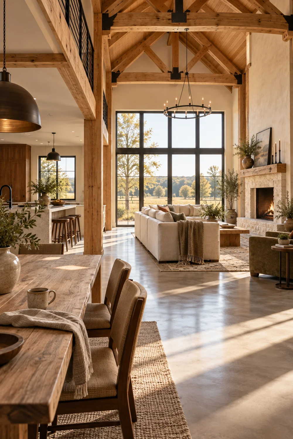 View from an oak dining table along an open route to a warm barndominium living room with a kitchen and fireplace beyond.