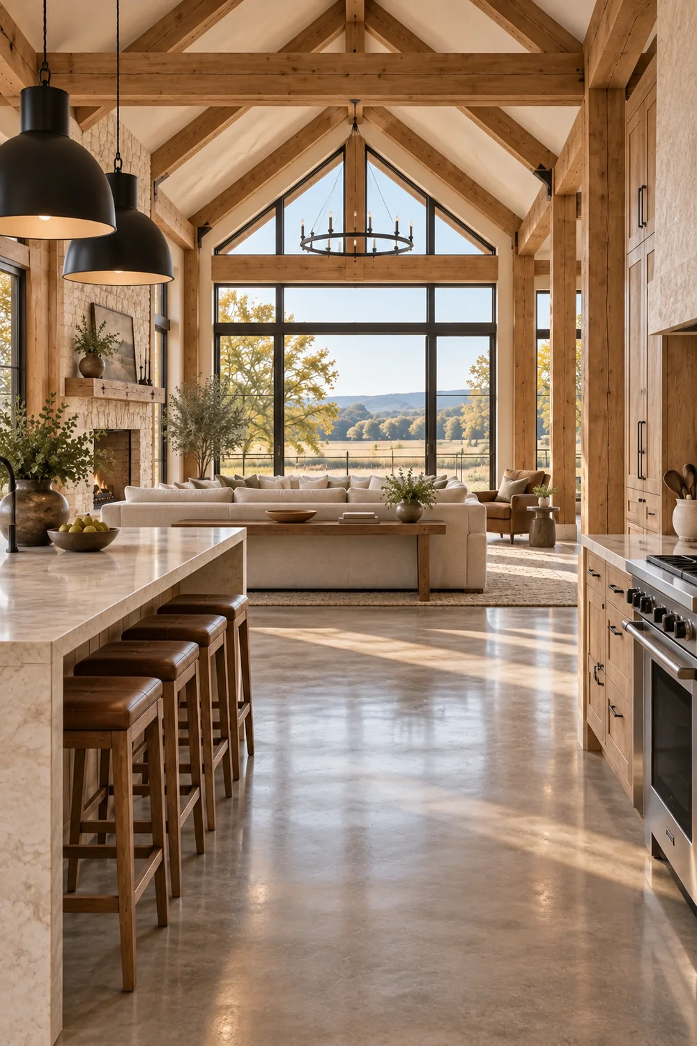 Low oatmeal sofa and oak console creating a calm boundary between a barndominium kitchen and living area.