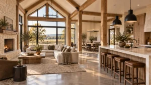 Open concept barndominium with connected living, dining and kitchen zones, oak framing, limestone and oatmeal seating in afternoon light.
